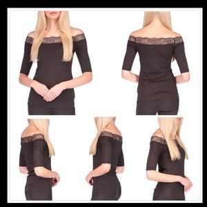 ⭐️ Michael Kors Elbow Sleeve Lace Trim Off-the-Shoulder Top• NWT!⭐️